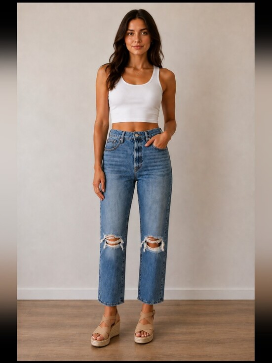 Good American Denim - Good American Good Vintage High Rise Distressed Straight Leg Cotton Jeans, 8/29